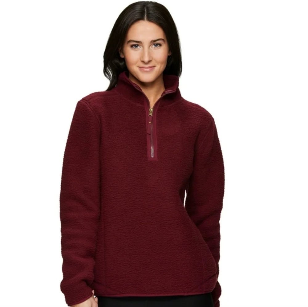 Avalanche Burgundy Red 1/4 Zip Fleece Berber Pullover Sweatshirt Pockets Small